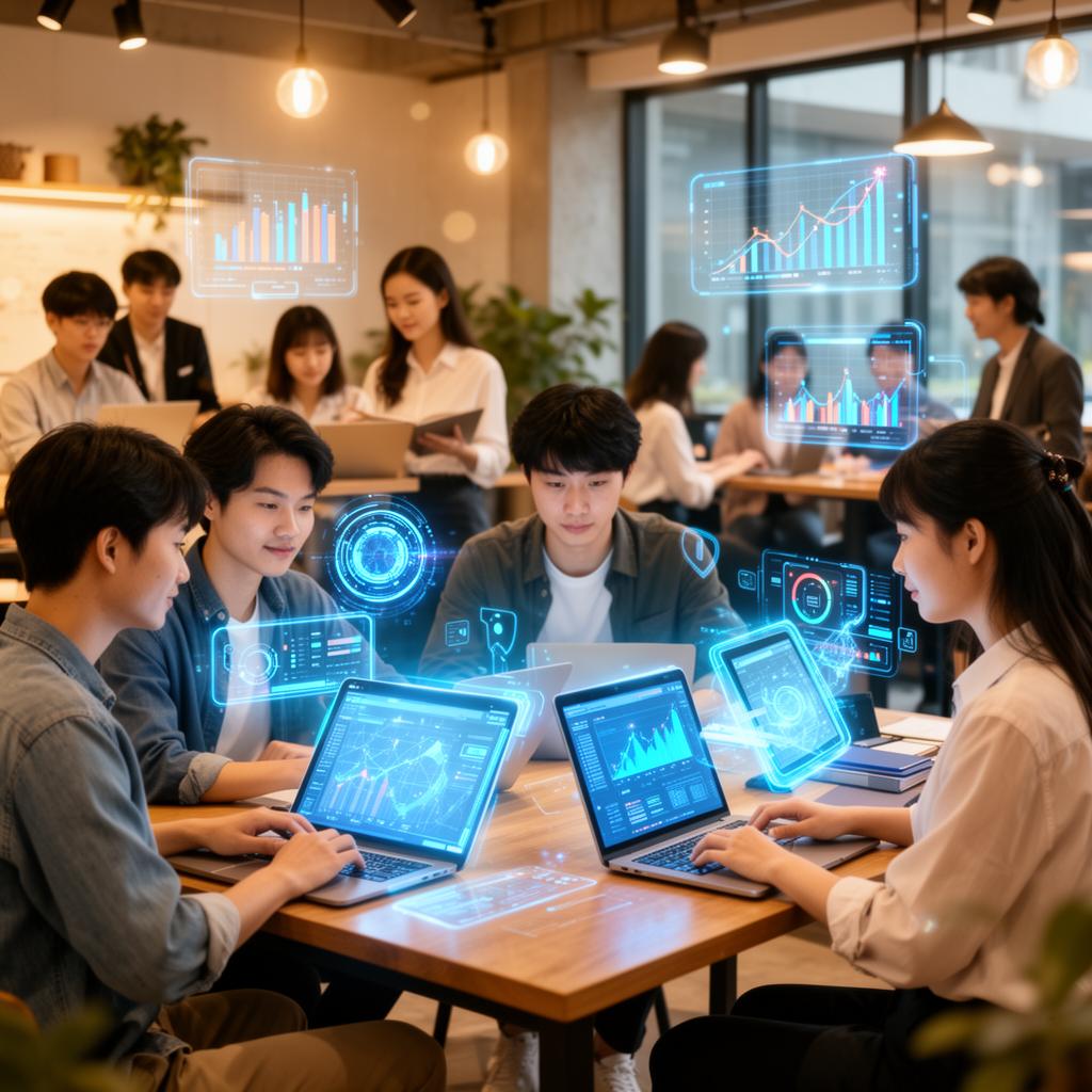 Asian students learning online with AI-powered tools